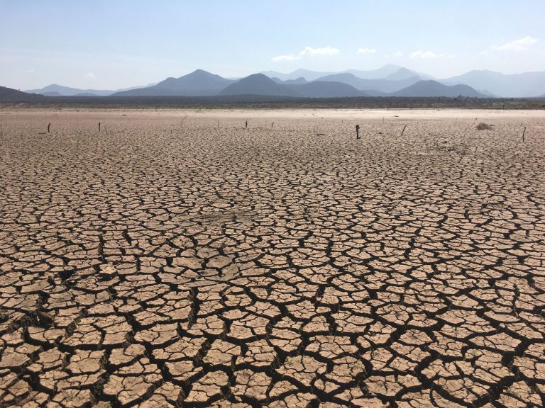 Paisagem extensa de solo profundamente rachado sob céu claro, caracterizando condições severas de seca.