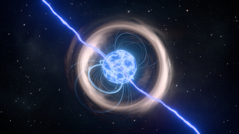 Ilustração artística de uma estrela de nêutrons cercada por um intenso campo magnético no espaço.